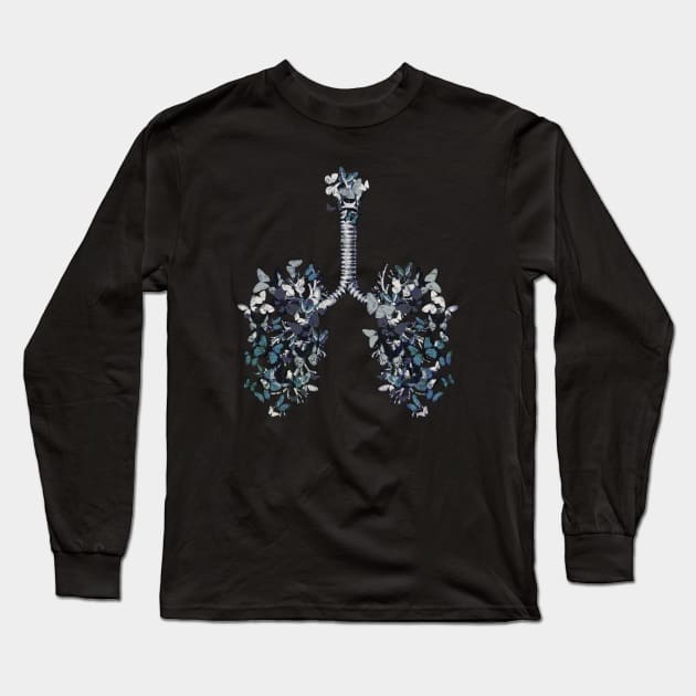 Lung Anatomy art,blue butterflies, Cancer Awareness Long Sleeve T-Shirt by Collagedream